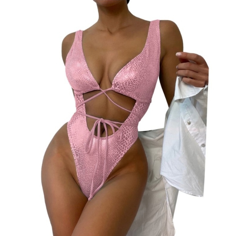 Miayilima Swimwear Padded Bra Splicing Cut Out Snakeskin Metallic Swimsuit